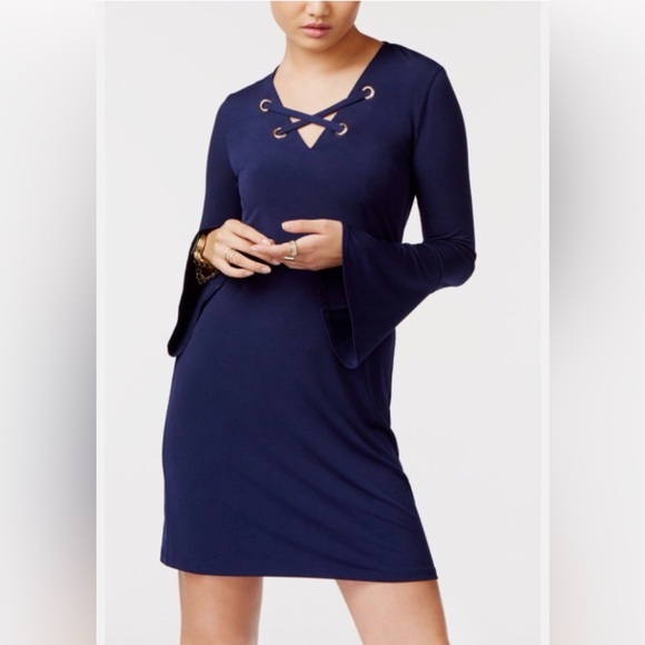 Michael Kors Lace Up Bell Sleeve Stretch Cocktail Dress in True Navy - Picture 3 of 8